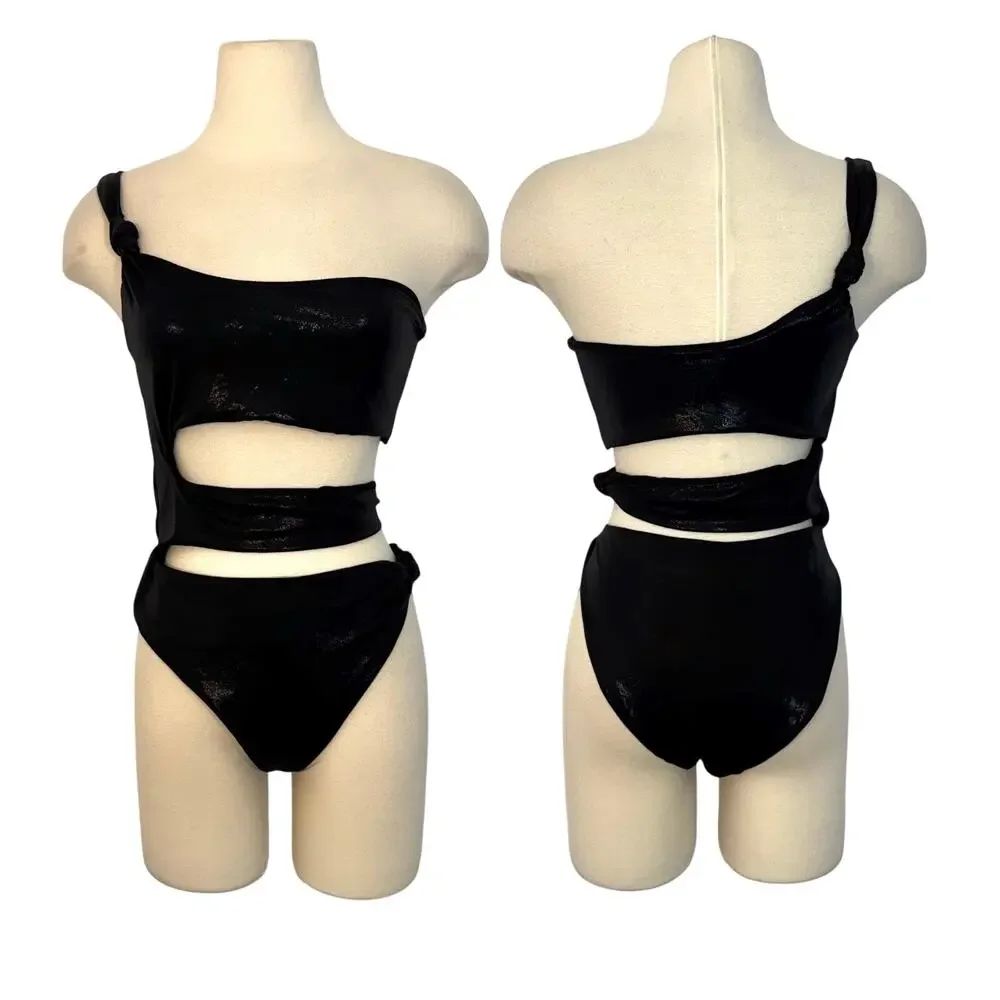 SKIMS Liquid Shine Swim Knotted One Shoulder Monokini Swimsuit Onyx L NWT